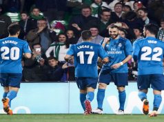 SEVILLE, SPAIN - FEBRUARY 18: Karim Benzema of Real Madrid celebrates after scoring his team's fifth goal during the La Liga match between Real Betis and Real Madrid at Benito Villamrin stadium on February 18, 2018 in Seville, Spain. (Photo by Aitor Alcalde/Getty Images)