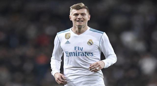 Real Madrid's German midfielder Toni Kroos celebrates after scoringduring the Spanish league football match between Real Madrid CF and Real Sociedad at the Santiago Bernabeu stadium in Madrid on February 10, 2018. / AFP PHOTO / GABRIEL BOUYS (Photo credit should read GABRIEL BOUYS/AFP/Getty Images)